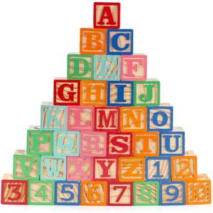 Wooden ABC Toy Building Blocks for Toddlers 1-3 36 PCS Wood Alphabet Number Blocks for Stacking Learning Preschool Educational Montessori Sensory Toys for Kids Boys Girls Gifts 1.7"