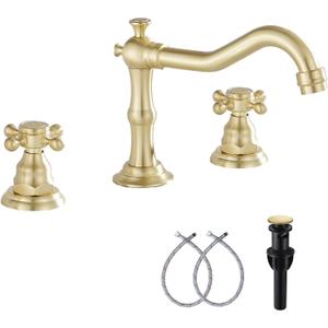 Brushed Gold Bathroom Faucet GGStudy 2 Handles 3 Holes Widespread Bathroom Sink Facuet Farmhouse Washingroom Faucet Mixer Tap