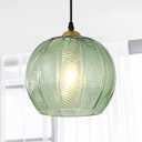 Green Glass Pendant Light, Single Large Globe Pendant Lighting 9.8-Inch Nordic Ribbed Ceiling Hanging Modern Ball Chandelier Light Fixture for Kitchen Island, Dining Living Room, Bedroom