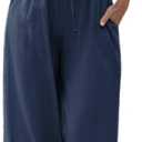 Faleave Women's Cotton Linen Summer Palazzo Pants Flowy Wide Leg Beach Trousers with Pockets (Blue, L)