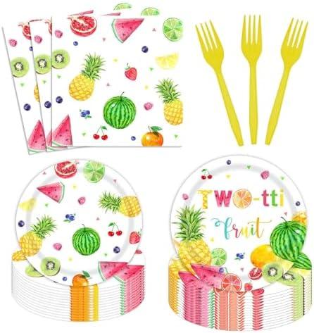 Twotti Frutti 24-Pack Disposable Fruit Plates, Forks & Napkins - 2nd Birthday Party Supplies with 48 Paper Plates, 24 Forks, 24 Napkins, Pack 2