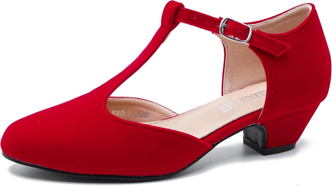 MAIERNISI JESSI Women's T-Strap Low Chunky Heel Mary Jane Pumps Cut Out Wedding Dress Shoes (9.5) Red Velvet MAIERNISI JESSI Women's T-Strap Low Chunky Heel Mary Jane Pumps Cut Out Wedding Dress Shoes (9.5) Red Velvet