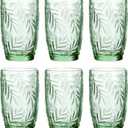 Glass Drinking Tumblers with Leaf Pattern, 11.5 oz, Solid Green Color, Set of 6, Dishwasher Safe
