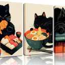 Pack of 3 Japanese Ramen Black Cat Wall Art Cute Animal Cats Eat Food Painting Pictures Tokyo Delicious Noodle Sushi Canvas Prints Hungry Cat Cuisine Poster For Kitchen Teens Room Wall Decor Framed