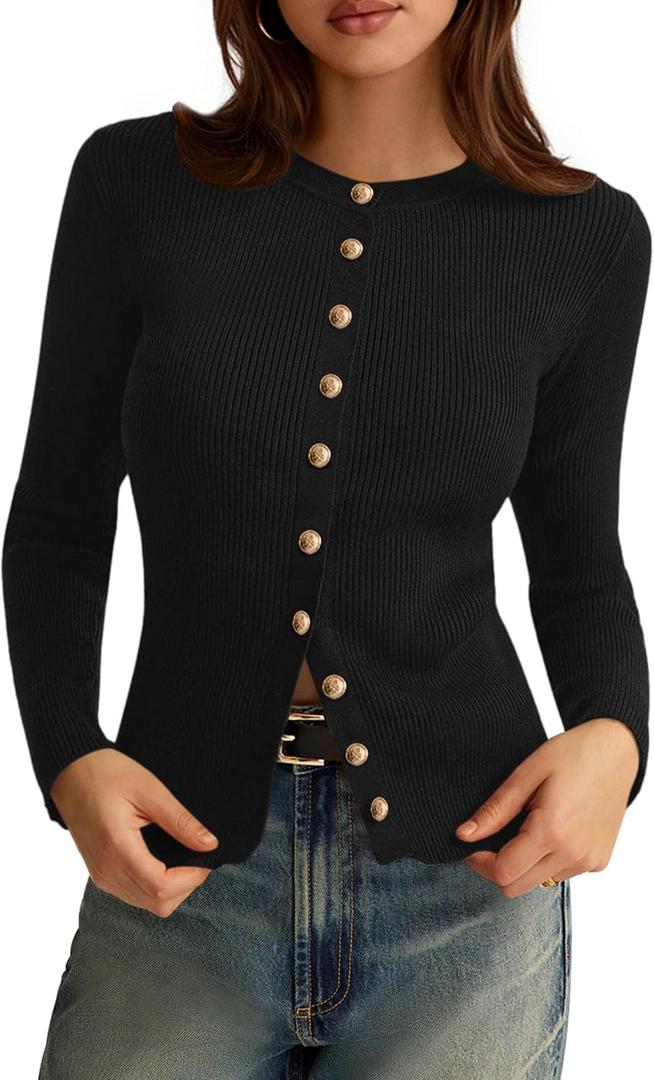 PRETTYGARDEN Womens 2026 Fall Cardigan Sweaters Lightweight Long Sleeve Button up Ribbed Knit Tops Winter Fashion Clothes (Large, Black)