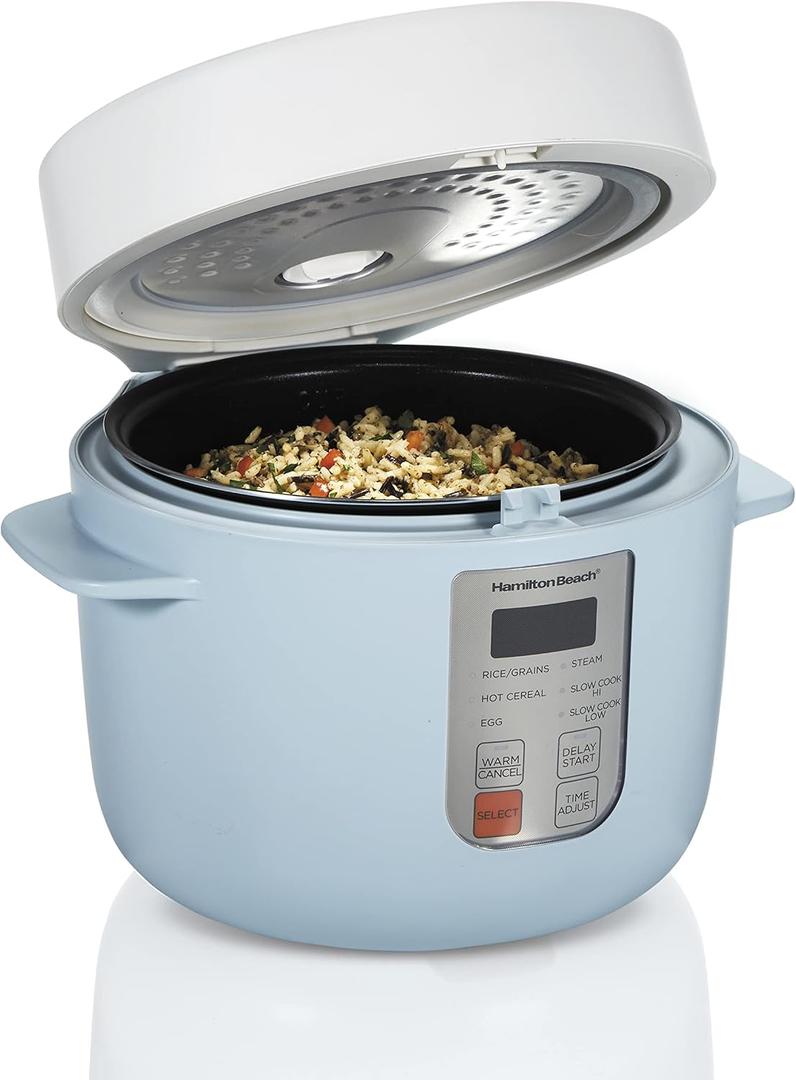 Hamilton Beach Digital Programmable Rice Cooker & Food Steamer
12 Cups Cooked (6 Uncooked) | Slow Cooker & Hard-Boiled Egg Settings | PFAS-Free Nonstick Pot | Steam Basket | Blue