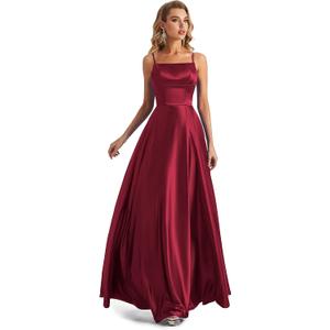 Long Satin Spaghetti Strap Prom Dress (Medium, Burgundy)