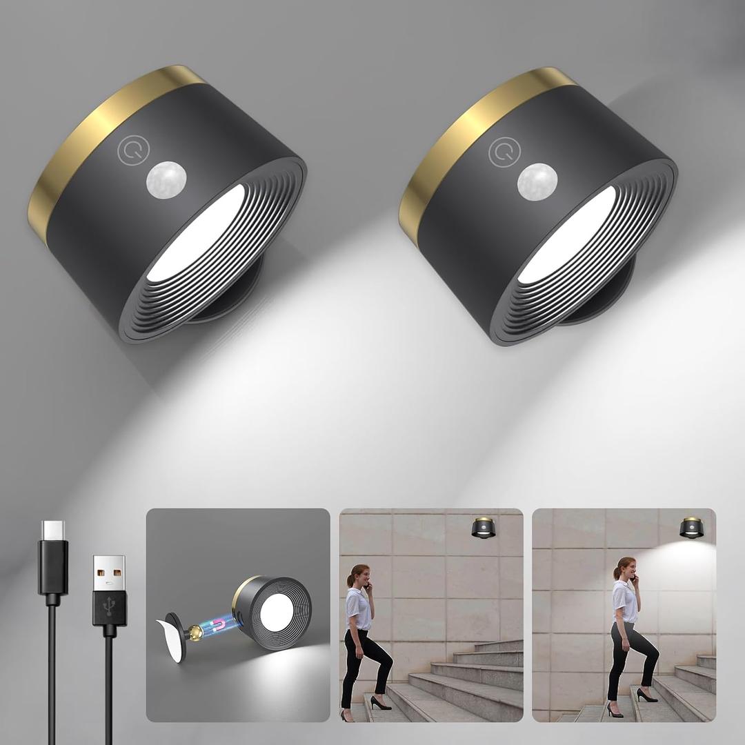 Moobibear Motion Sensor Wall Light Indoor 2Pcs, 3500mAh Rechargeable Battery Operated LED Wall Light, Wall Lamp Wireless with 360 Rotation, 3 Color Temperatures for Bedroom, Study, Corridor, Picture