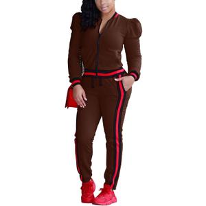 Akmipoem Women's 2 Pieces Outfits Long Sleeve Zipper Jacket and Pants Set Tracksuits (Medium, Brown)