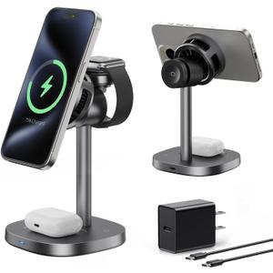 Havit Qi2 3 in 1 Wireless Charging Station, 15W Magnetic Charger with Cooling Fan for iPhone 17/16/15/14/13/12, Apple Watch & AirPods, Adjustable Stand, 45W Adapter Included