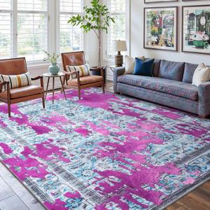 6x9 Ft Large Machine Washable Area Rugs for Living Room, Thin Floral Vintage Print Rug Non Slip Carpet for Bedroom Dining Room Kidsroom Home Decor (Rosy Blue)
