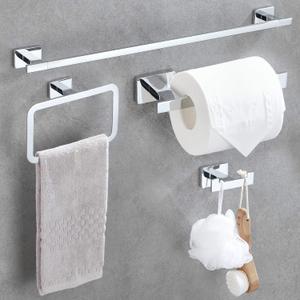 GERUIKE 4 Piece Bathroom Hardware Accessories Set,Chrome Stainless Steel Towel Bar Sets Wall Mounted - Includes 18" Towel Bar, Square Towel Ring, Toilet Paper Holder, Robe Towel Hook