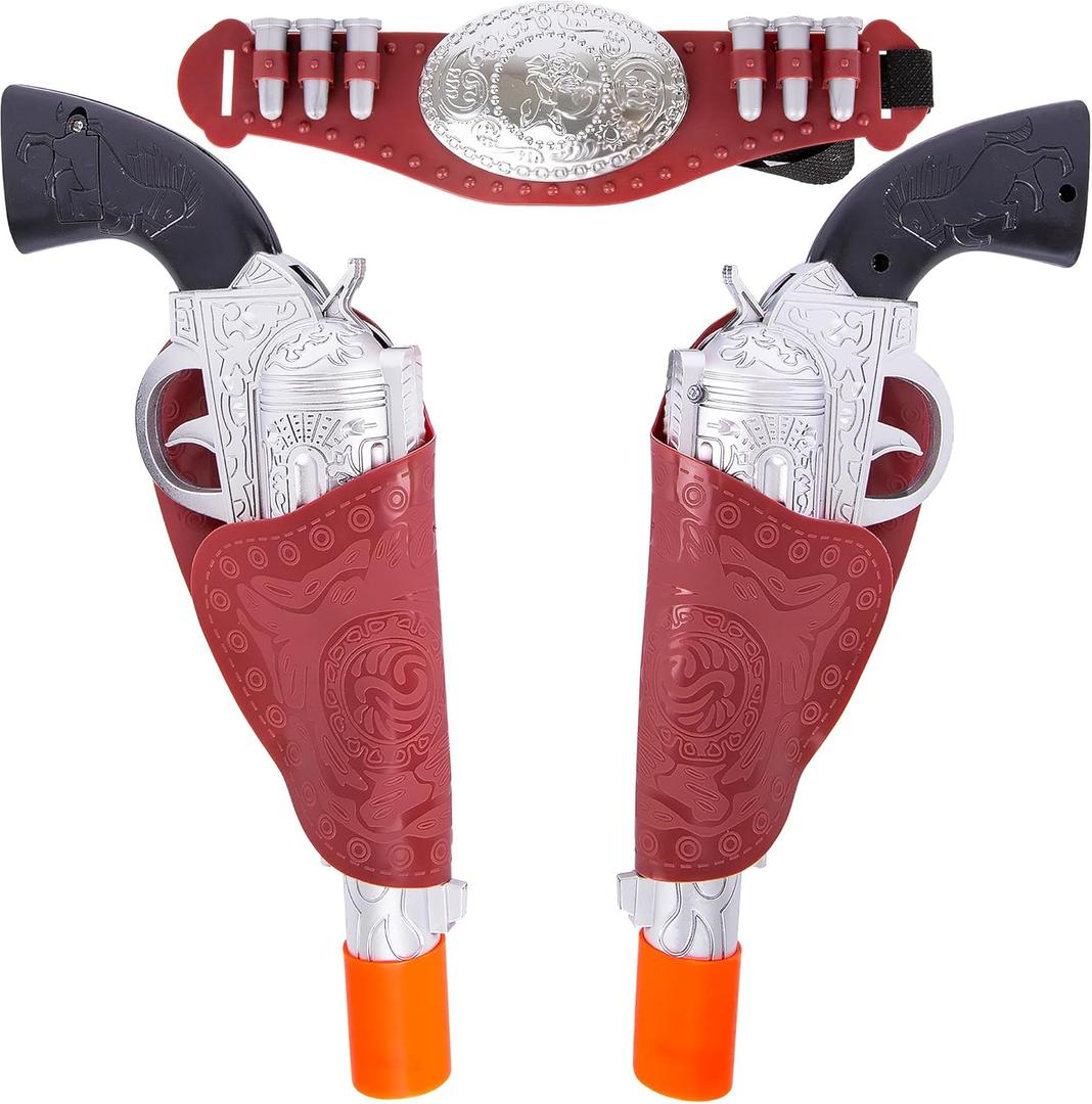 ArtCreativity Cowboy Gun Belt and Holster Set Includes 2 Toy Guns with Sound, Toy Gun Holster, Brown Western Belt, and 6 Fake Bullets - Cowboy Costume Accessories for Boys Halloween Costume