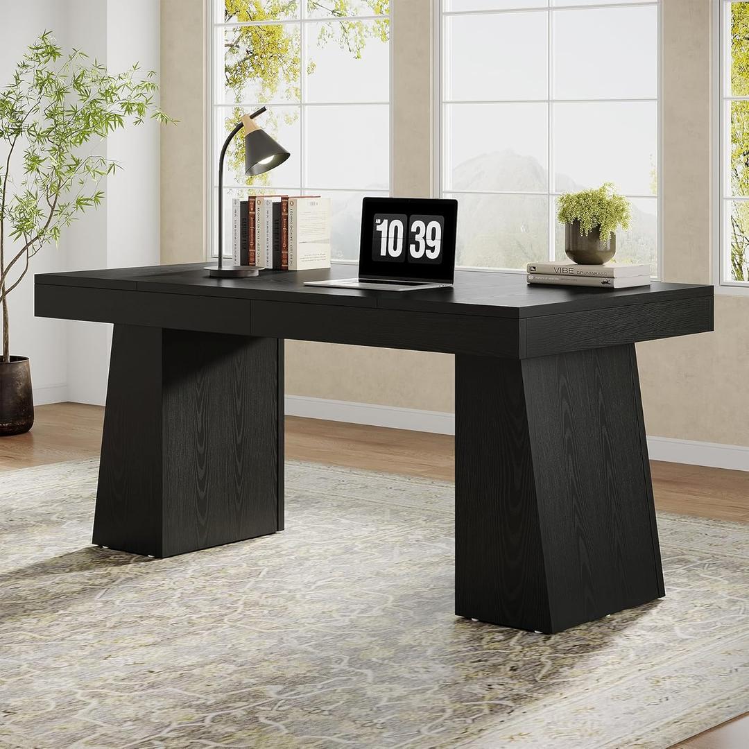 Tribesigns 55" Executive Desk, Wooden Office Desk with Double Pedestal, Modern Simple Computer Writing Table for Home Office, Black, 55.1" W x 27.5" L x 29.5" H