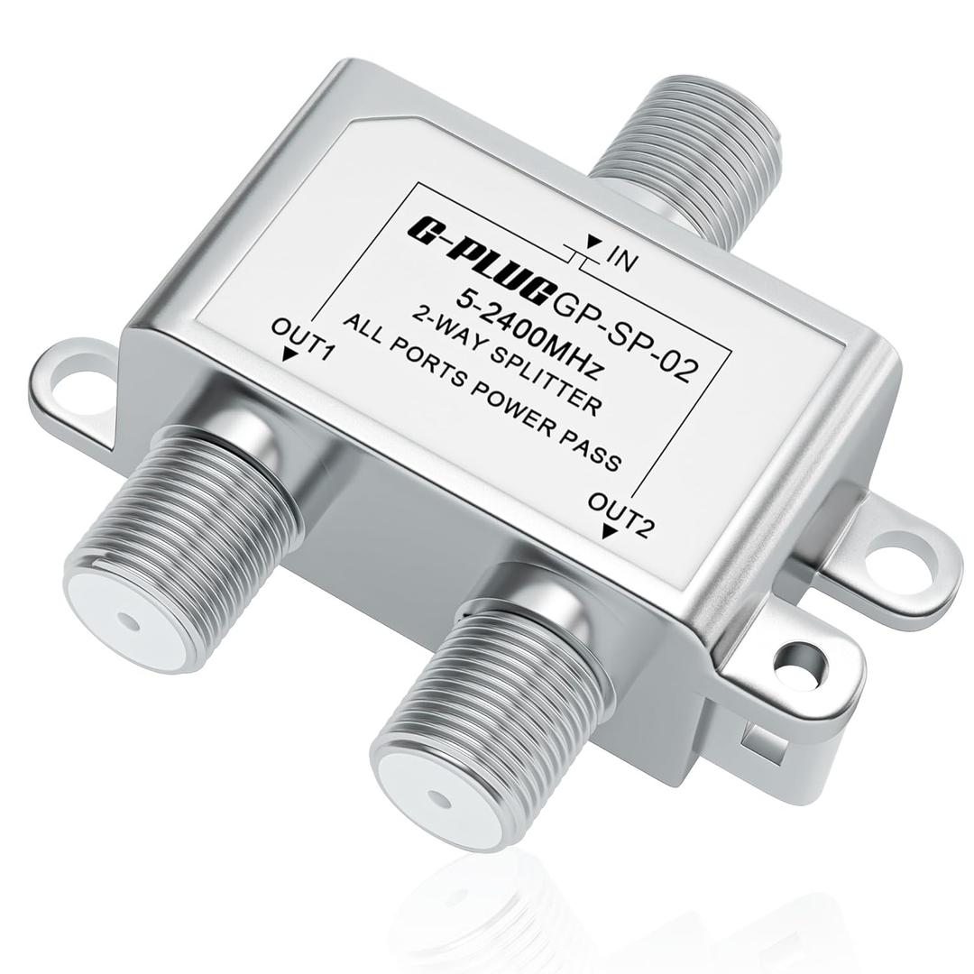 G-PLUG 2-Way Coaxial Cable Splitter, 52400 MHz, RG6 Compatible, Supports TV, Satellite, Cable, Modem, Internet & MoCA, Low Signal Loss, All Ports Power Pass, Durable Metal Housing