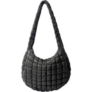 Puffer Tote Bag Large Puffy Tote Bag Quilted Tote Bag Soft Quilted Crossbody Bag Carryall Hobo Handbags for Women Girl (Black)