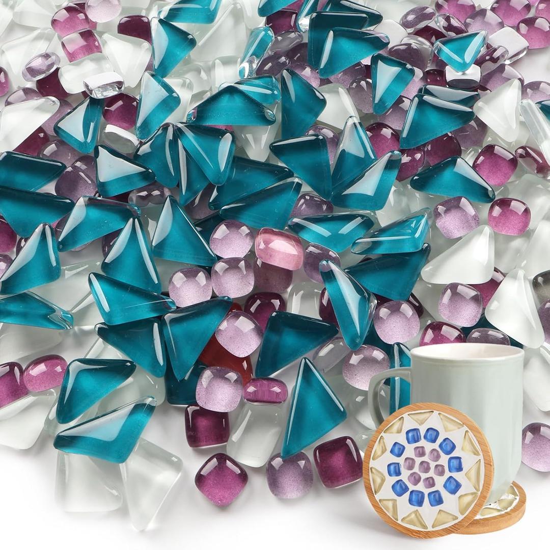 Glass Mosaic Tiles for Crafts, 500g Irregular Tiny Mosaic Tile with Bamboo Coaster, Crystal Mosaics Pieces Stained Bulk for DIY Art Projects Gifts, Family Bonding Activities (Mint Color)