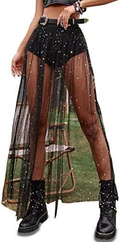 Rave Outfits for Women 2 in 1 Sheer Skirt Festival Clubwear Mesh High Waist Print A Line Maxi Skirt M