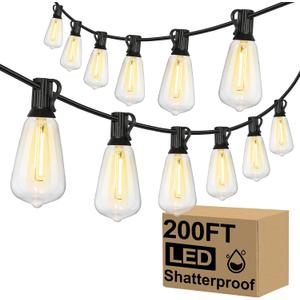 Brightever Outdoor String Lights 200FT Waterproof, Patio String Lights for Outside with 100+4 ST38 Shatterproof LED Filament Bulbs, Dimmable Hanging Lights for Christmas, Party, Cafe (2-Pack 100FT) (200FT-Warm White, Black Wire)
