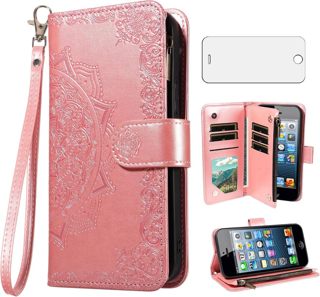 Asuwish Phone Case for iPhone 5/5S/SE 2016 Cell Wallet Cover with Tempered Glass Screen Protector and Flower Flip Credit Card Holder Slot Stand i 5SE 1 1st Gen A1662 A1723 Women Men Rose Gold