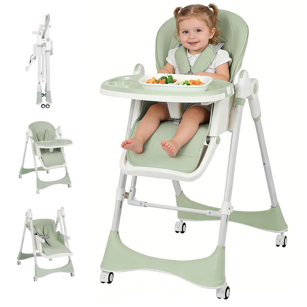 6-in-1 Baby High Chair with Soothing Rocker | Baby High Chair for Infants & Toddlers | Easy Clean, Space Saving Design | Adjustable, Removable Tray, Easy Assembly (Green)