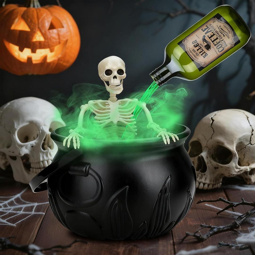 Halloween Decorations Indoor, Large Cauldron Halloween Decor with Magic Floating Potion Bottles Fog Diffuser Spooky Skeletons, Spooky Vintage Black Witches Plastic Bowl for Home Table Mantel Party
