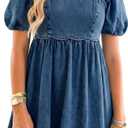 Denim Dress Babydoll Jean Square Neck Puff Sleeve Casual Country Concert Dresses with Pockets for Women 2026 (Blue, L)