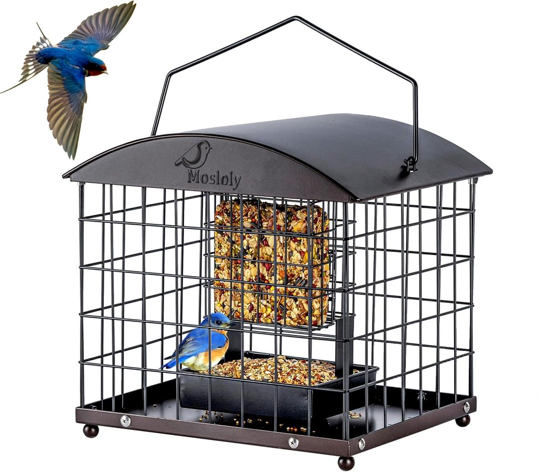 Caged Suet Feeders Squirrel-Proof, Dual-Purpose Suet &Seed Wild Bird Feeders with Tray, Huge Metal Caged Bird Feeders Outdoors Hanging, 2 Suet Cakes+1lb Seed Capacity, Copper