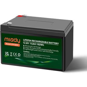 Miady 12V 15Ah Lithium LiFePO4 Deep Cycle Battery,3000 Cycles Rechargeable Battery For Small UPS,Fish Finder,Power Wheels,Scooters,Solar Power Built-in 15A BMS5.9" L x 3.7" W x 3.9" H