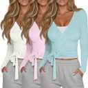 3 Pack Women's Tie Wrap Tops, Long Sleeve Workout Ballet Yoga Pilates Shirts Deep V Neck Tie Front Y2k Blouses (X-Large, Beige White, Pink, Light Lake Blue)