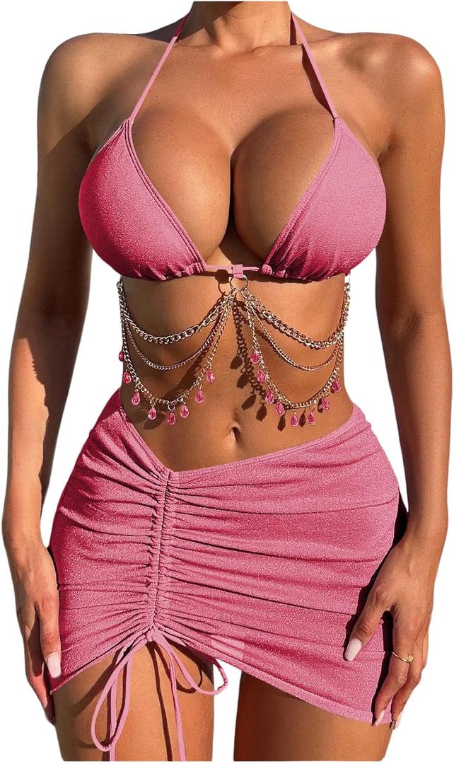 COZYEASE Women's 3 Piece Bikini Set Backless Halter Neck Triangle Chain Swimsuit Set with Beach Skirt Deep Pink, Large