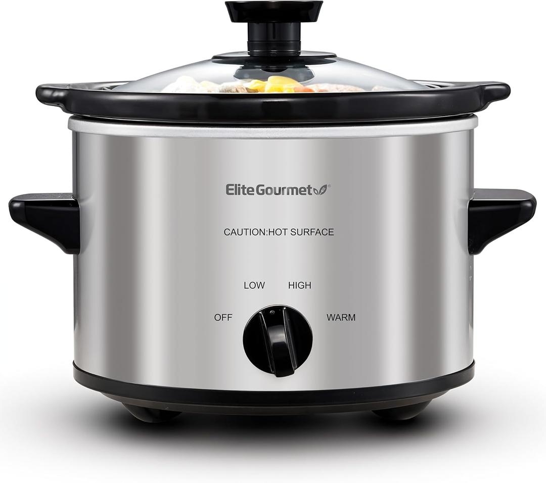 Elite Gourmet MST-250XS Electric Slow Cooker Ceramic Pot, Adjustable Temp, Entrees, Sauces, Stews & Dips, Dishwasher Safe Glass Lid & Crock, 1.5 Quart, Stainless Steel