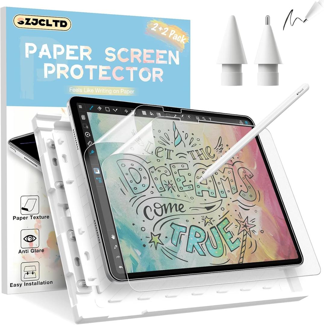 2 x [2 PACK] Paper Screen protector for iPad Pro 13 inch 2025/2024 + [2 Pack] Replacement Tips for Apple Pencil, Anti-Glare Matte Paper Textured PET Film for Drawing, Writing Like on Book, Easy Application Tray