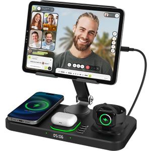 6 in 1 Wireless Charger for Apple Device, 30W Foldable Wired Charging for ipad with Clock & 7 Color Ambient Light, Nightstand Charger Station for iPhone 17/16/15/iWatch Series/AirPods 4/Pro 3(Black)