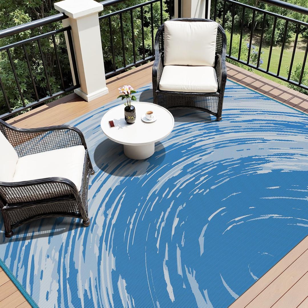 COCOER Modern Outdoor Rug 9x12 Reversible-Waterproof Outdoor Patio Rug-Quick Dry Outdoor Area Rugs Indoor Outdoor Rugs-Outside Rug Patio Decor for Porch Deck Balcony Backyard (Blue)
