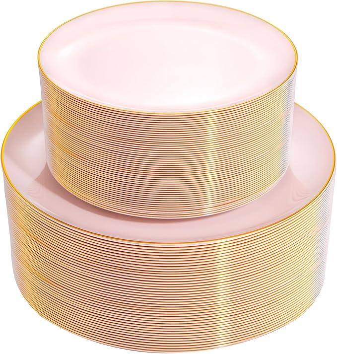 PULOTE 100PCS Pink Plastic Plates - Heavy Duty Pink and Gold Disposable Plates for Party, Wedding & Mother’s Day, Include 50 Dinner Plates and 50 Dessert Plates