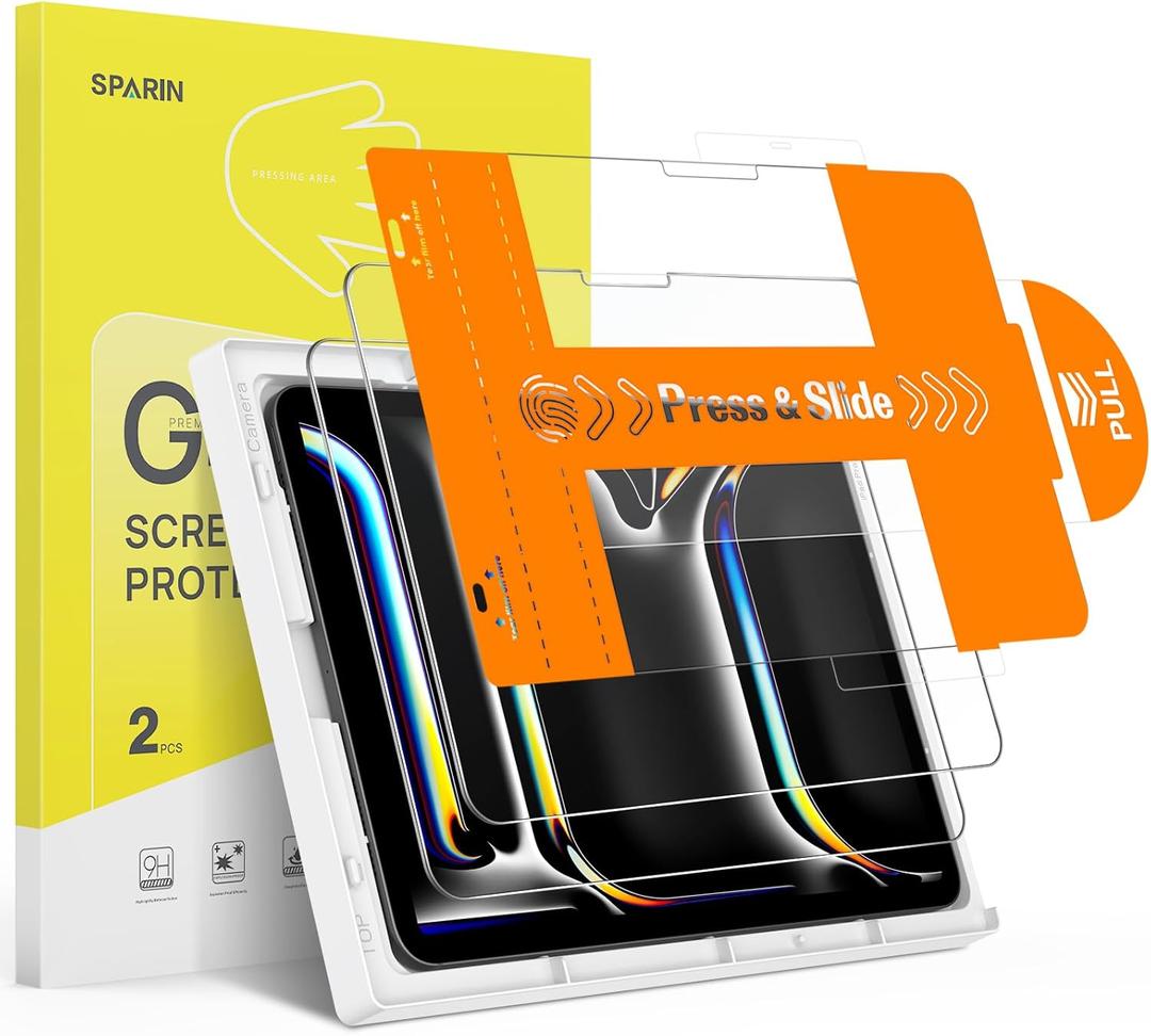 SPARIN 2 Pack Screen Protector for iPad Pro 11 inch M5 2025/M4 2024 (6th/5th Generation), 9H Hardness Tempered Glass with Easy Application Tray, Face ID & Apple Pencil Compatible and Case Friendly