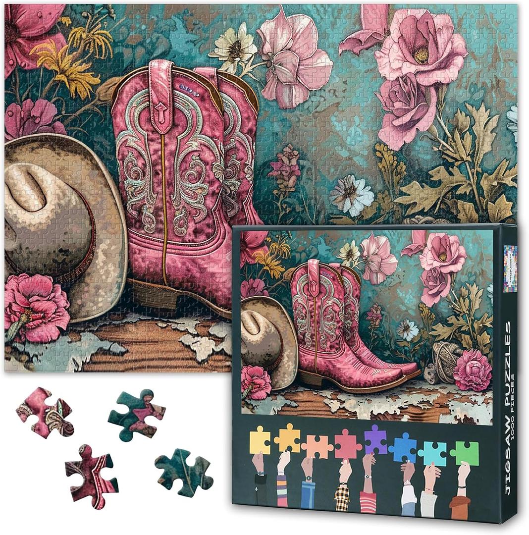 Jigsaw Puzzles 1000 Pieces for Adults, Cowboy Boots Adult Jigsaw Puzzles, Cowboy Hat 1000 Piece Jigsaw Puzzle, Puzzles Jigsaw Educational Finished Size 19.5 x 27.5 Inch