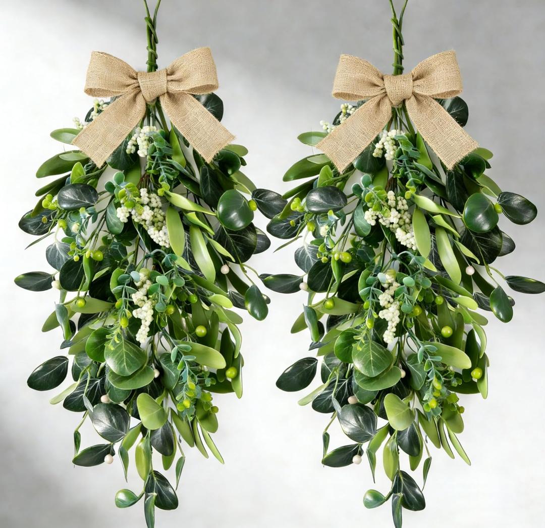 22" Eucalyptus Wreaths for Front Door 2 PCS Greenery Teardrop Swag Spring Summer Wreath with Eucalyptus Olives Leaves Mixed Berry for Farmhouse Home Porch Wall Window Festival Wedding Decor