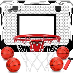 Indoor Mini Basketball Hoop Set Gift for Kids Adults, Upgrade Over Door Hoop with 4 Rubber 6" Balls, Wall Mount Hoop for Bedroom Yard, Christmas Stocking Stuffer Gift for Boys Teen (Black)
