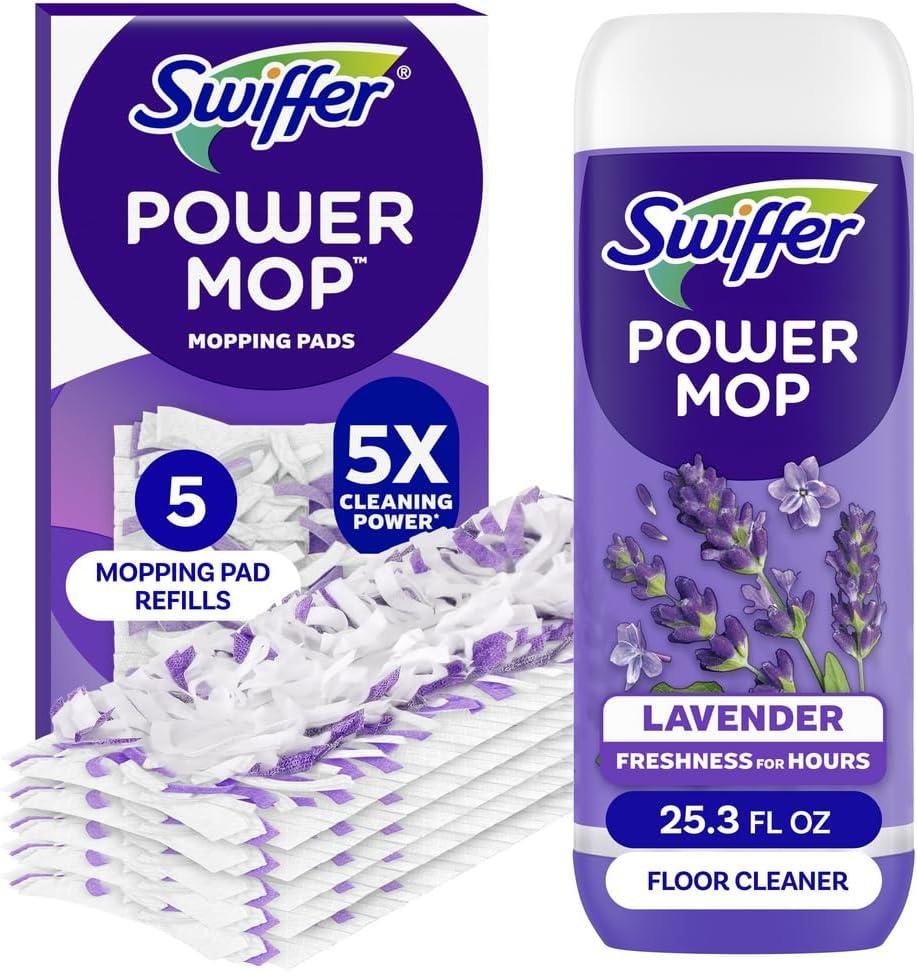 Swiffer Power Mop Refill Pack, Floor Cleaner for Mopping Tile, Vinyl, Laminate, Wood in Home, Bathroom, Kitchen, All Purpose Multi-Surface Cleaning, 5 Pads + 1 Lavender Solution