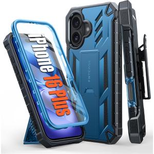 FNTCASE for iPhone 16 Plus Case: Military Grade Rugged Cell Phone Cover with Kickstand & Holster | Shockproof TPU Protection Bumper Matte Textured Design for iPhone 16 Plus Cases 6.7 inch - Blue