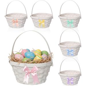 6 Pcs Easter Woven Basket with Handle and 6 Colors Bows Bamboo Gifts Basket for Easter Party Favors Gifts Supplies Decor