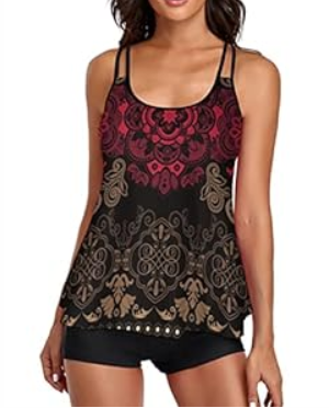 Urchics 2026 Women Two Piece Tankini Swimsuit Tummy Control Plus Size Long Torso Top and High Waisted Boyshorts Bathing Suits (Small, 01-tropical Navy)