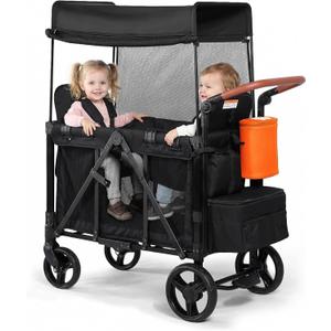 Stroller Wagon with Adjustable Handle Includes Canopy & Organizer, Foldable and Convenient for Storage (Black)