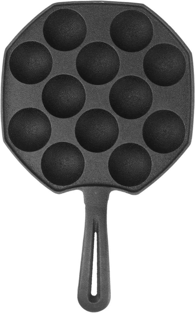 Cabilock Cast Iron Takoyaki Pan, 12 Molds Non-Stick Takoyaki Maker Skillet for Japanese Octopus Balls, Aebleskiver, Pancake Puff & Meatballs, Even Heat Distribution