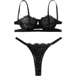 Lilosy Sexy Eyelash Underwire Floral Lace Sheer O Ring Linked Cutout Lingerie Set 2 Piece (Black)