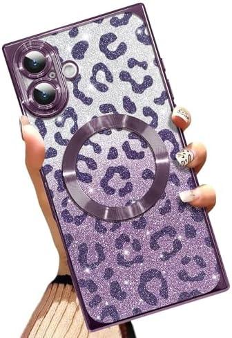 AIGOMARA Phone Case for iPhone 16 [Compatible with MagSafe] Leopard Print Design Glitter Bling Case Shockproof Scratch-Resistant Soft TPU Cover for Women - Purple