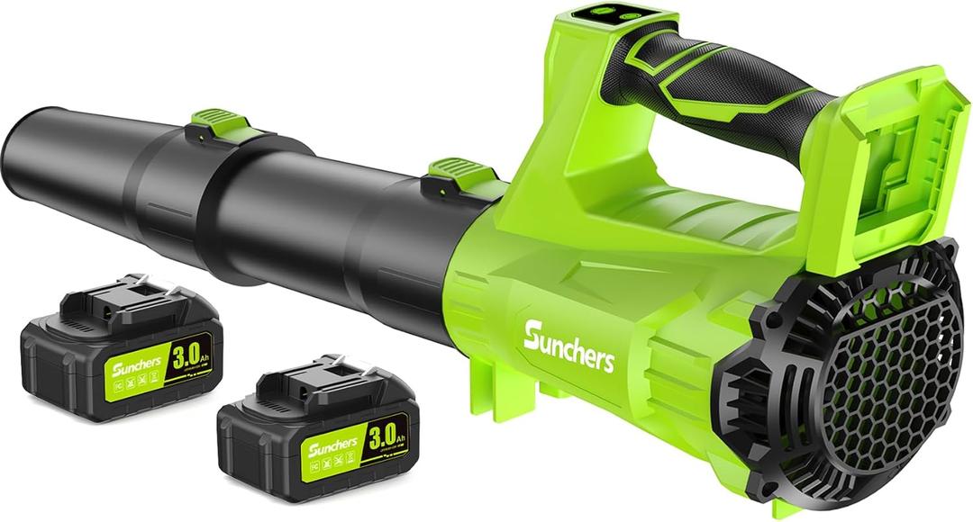Leaf Blower Cordless with 2 x 3.0Ah Battery and Charger, 680CFM 260MPH Electric Blower with 2 Speeds, 20V Handheld Leaf Cleaner for Lawn Care, Blowing Leaves, Dust, Snow, Gravel for Patio, Yard, Green