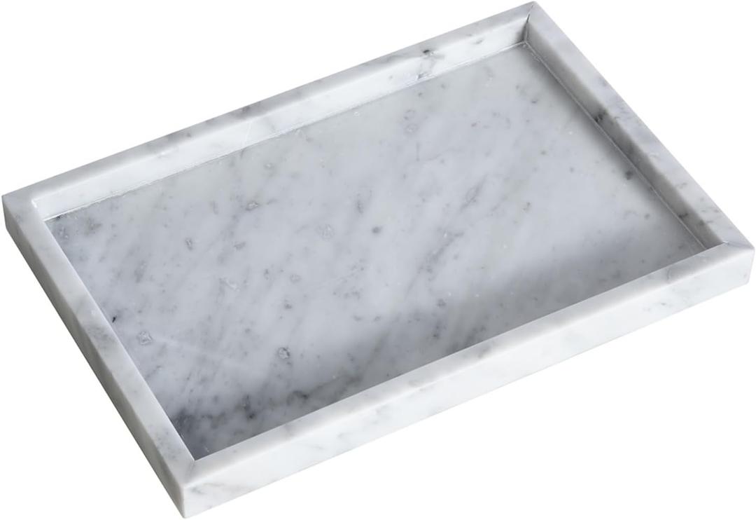 Large Bathroom Vanity Tray, Real Natural Marble Sink Tray 12 Inch/30 cm, Carrara White Limestone Dresser Tray, Modern Countertop Organizer for Soap Dispenser, Kitchen Counter